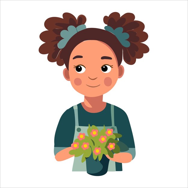 Vector la mujer joven se ocupa de las flores plantadas en vasos de diferentes formas la afición es cuidar de las plantas de interior la niña se ocupa del jardín de la casa ilustración vectorial