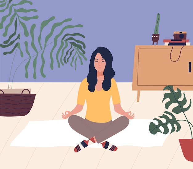 Vector mujer joven con los ojos cerrados sentado con las piernas cruzadas en el suelo y meditando. meditación, relajación en casa, práctica espiritual, yoga y ejercicios respiratorios. ilustración de vector colorido de dibujos animados plana.