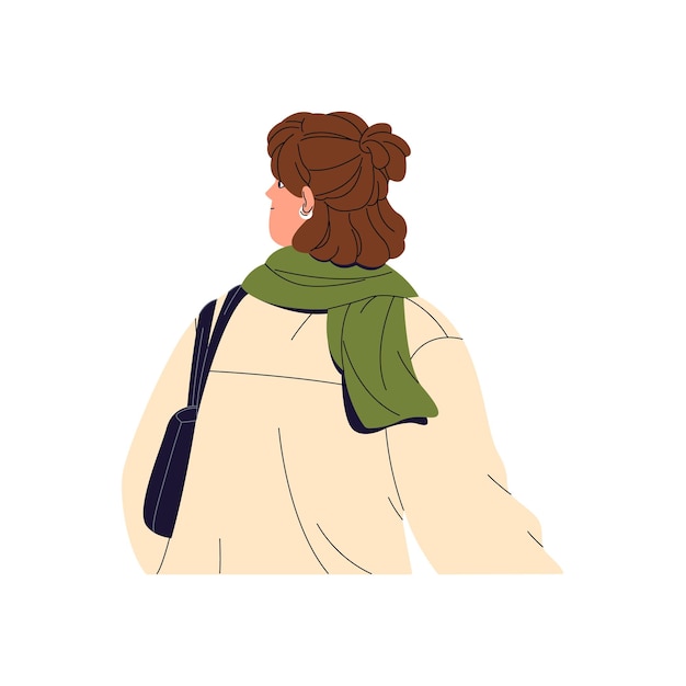 Mujer joven con peinado moderno lindo gira la cabeza hacia el lado mira a su alrededor vista trasera chica feliz con bufanda joyería anillo pendientes lleva bolsa ilustración vectorial aislada plana sobre fondo blanco