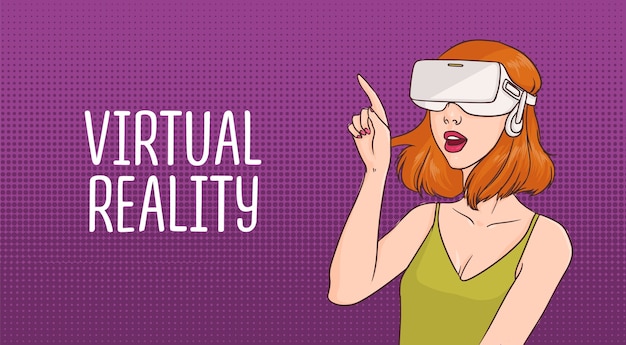 Mujer joven pelirroja con gafas de realidad virtual