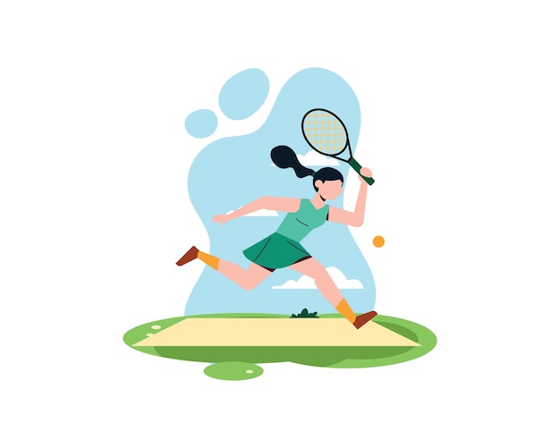 Mujer joven de pelo largo corriendo tras la pelota en la práctica de tenis