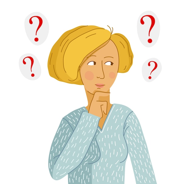 Mujer joven pensando en una ilustración vectorial de preguntas aislada en un fondo blanco buscando ayuda y asistencia para la decisión de la respuesta