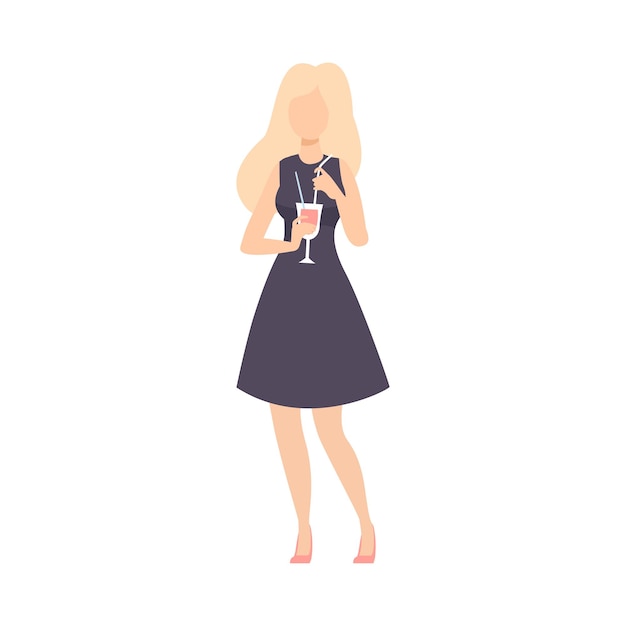 Mujer joven con un pequeño vestido negro de pie con un vaso de vino ilustración vectorial