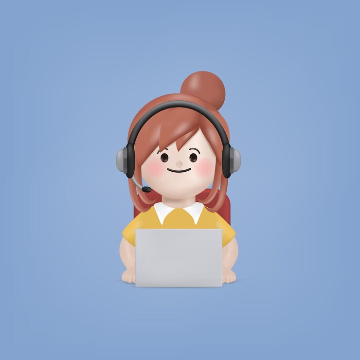 Vector mujer joven de personaje de dibujos animados en 3d en un centro de llamadas o servicio al cliente usando una computadora portátil