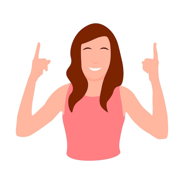 Vector mujer joven personaje estilo plano ilustración aislado dedo arriba gesto alegre cara sonriente