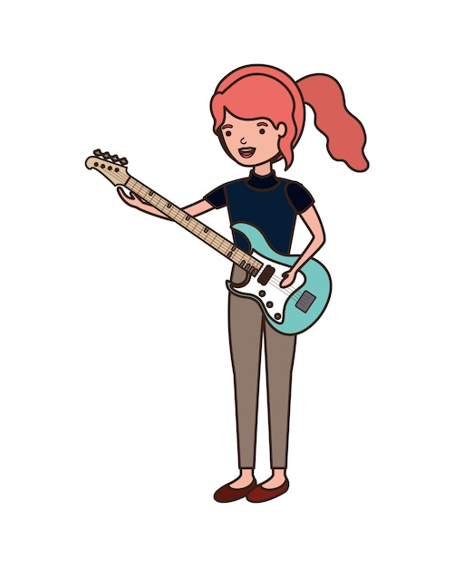 Vector mujer joven con personaje de guitarra eléctrica.