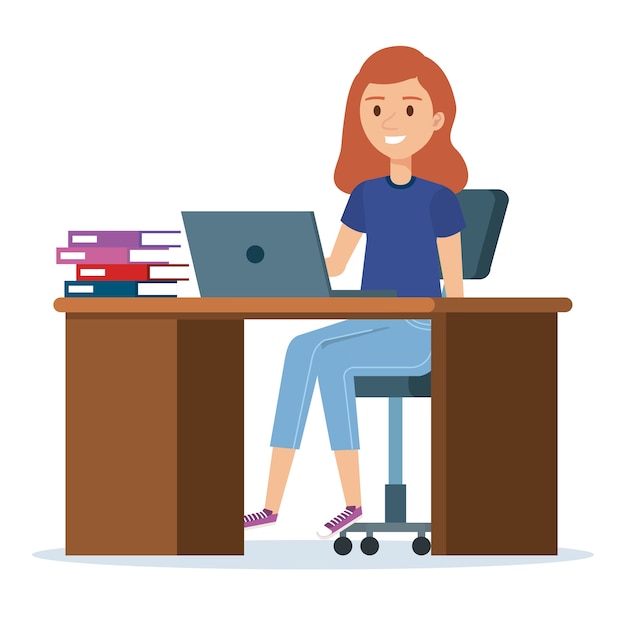 Vector mujer joven en el personaje de lugar de trabajo