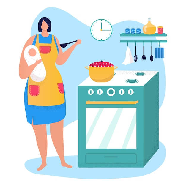 Mujer joven personaje madre sostener niño recién nacido padre madre cocinando comida cocina vector plano