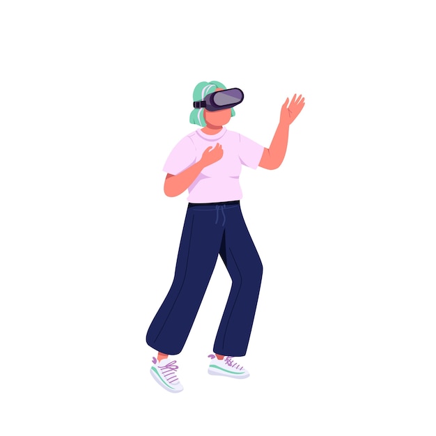 Mujer joven en personaje sin rostro de color plano de auriculares Vr. Tecnología de generación Z Adolescente mujer caucásica en realidad virtual ilustración de dibujos animados aislado para diseño gráfico web y animación