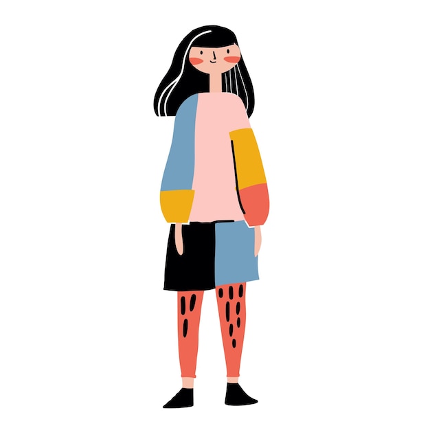 Mujer joven de pie con confianza cabello negro mejillas rosas ropa de moda contemporánea