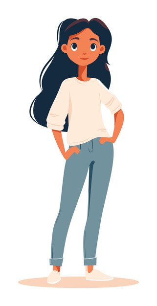 Vector mujer joven de pie con confianza manos caderas ropa casual sonriente personaje de chica moderna femenina