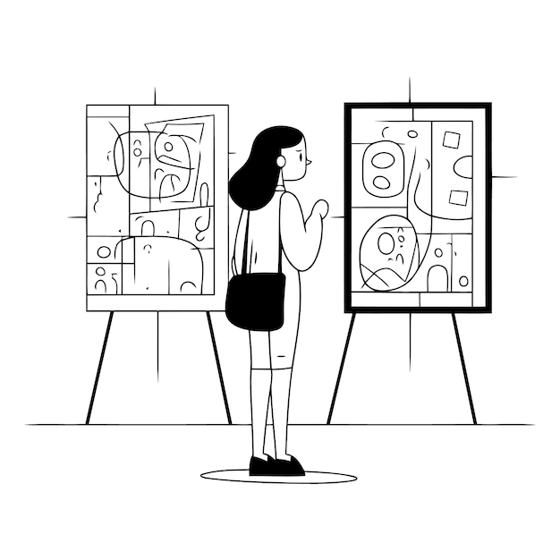 Mujer joven de pie frente al caballete y mirando las pinturas en él Concepto de educación y aprendizaje