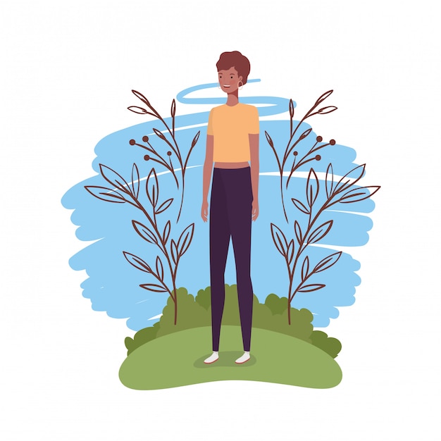 Vector mujer joven de pie con paisaje