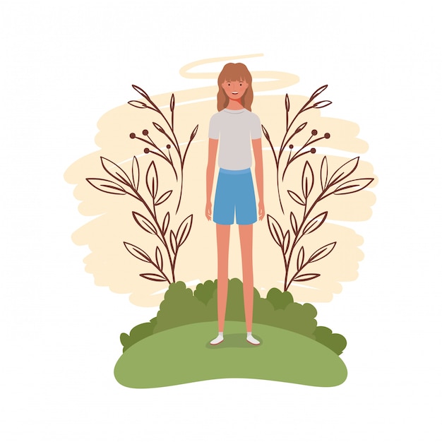 Vector mujer joven de pie con paisaje