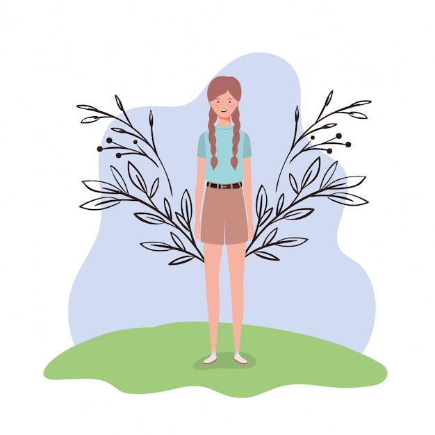 Vector mujer joven de pie con paisaje