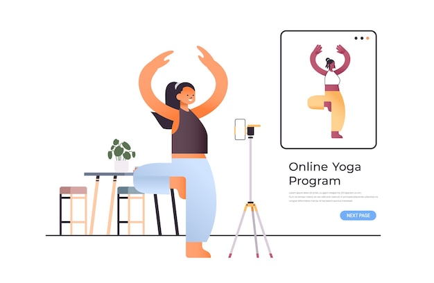 Vector mujer joven de pie en pose de asana mientras ve el programa de capacitación en video en línea