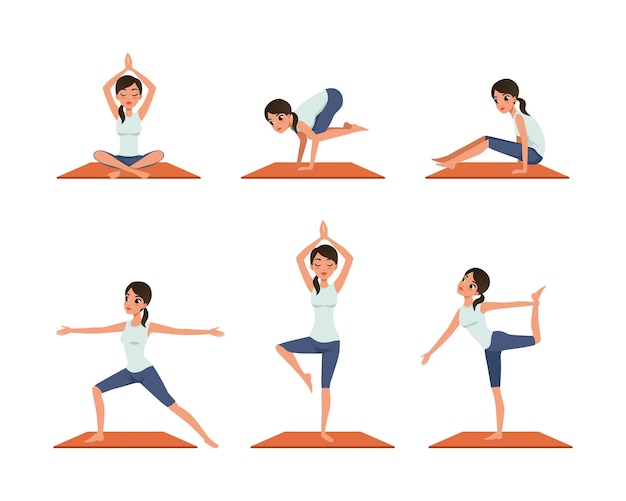 Mujer joven de pie en postura de yoga y asana en el tapete practicando y estirando el conjunto vectorial
