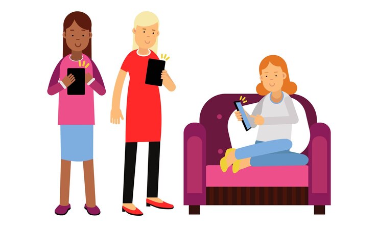 Vector mujer joven de pie y sentada sosteniendo una tableta pc conjunto de ilustraciones vectoriales