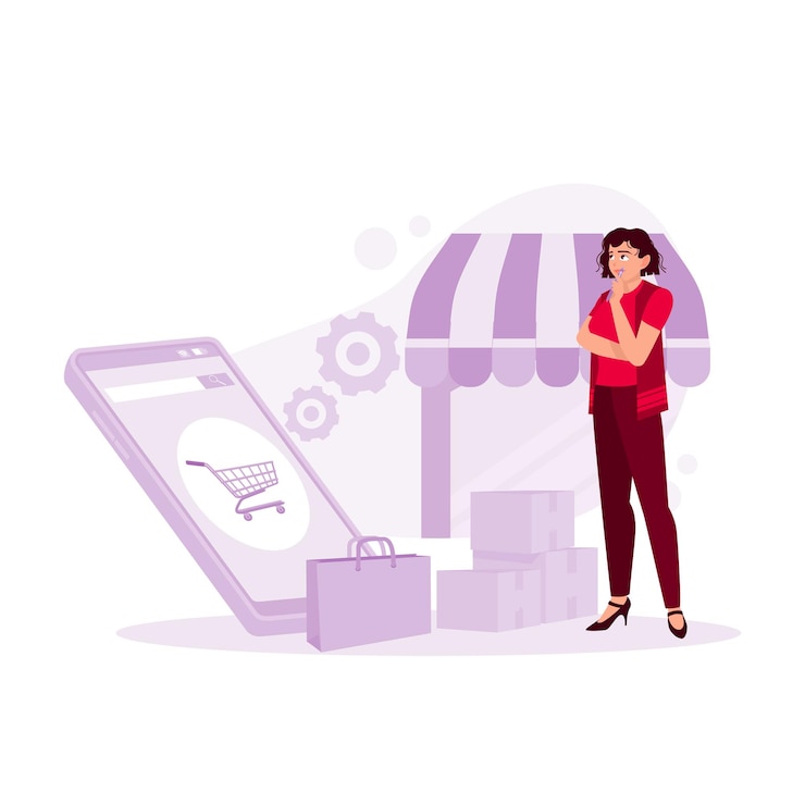 Vector mujer joven de pie sobre un fondo de teléfono inteligente con un sitio web de compras en línea