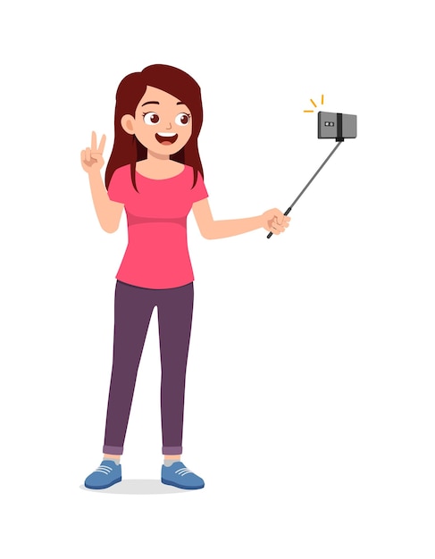 Vector mujer joven de pie y tomando foto selfie