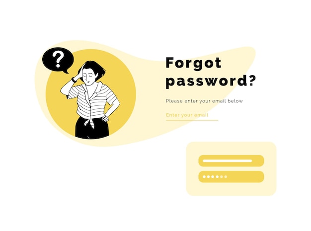 Mujer joven piensa, recordando su contraseña, Ilustración de vector dibujado a mano. Chica pensativa con signo de interrogación y texto: olvidé la contraseña, ingrese su correo electrónico, diseño plano para aplicaciones web, página de destino