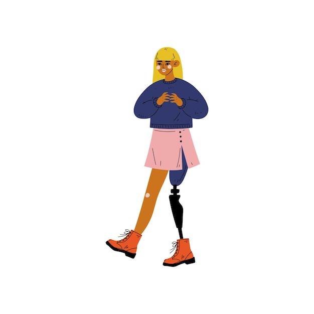Mujer joven con pierna artificial Autoaceptación Belleza Diversidad Cuerpo Positivo Ilustración vectorial sobre fondo blanco