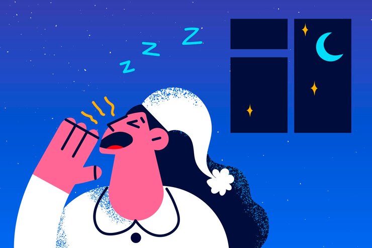 Vector mujer joven en pijama despierta en casa sufre de insomnio bostezo por la noche no puede dormir. la niña cansada enferma y enferma se siente somnolienta y tiene problemas para dormir. ilustración de vector, personaje de dibujos animados.