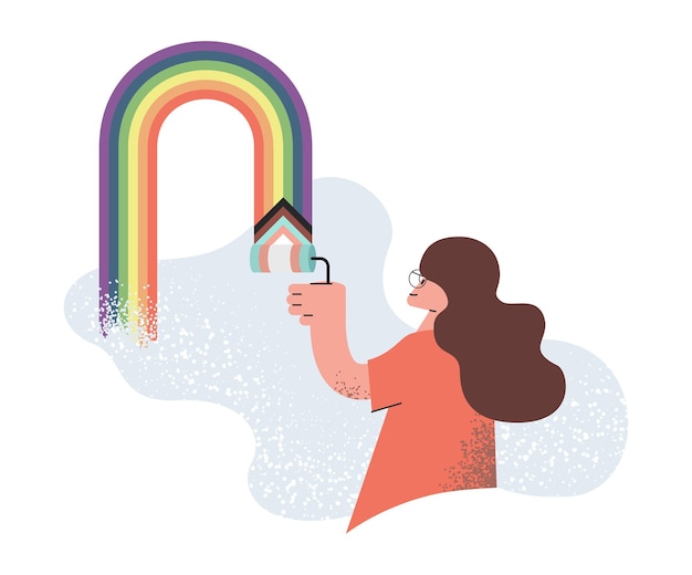 Vector mujer joven pintando la pared con los colores del arco iris dibujo de niña sonriente