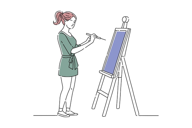 Mujer joven pintando con pincel en el estudio dibujando una ilustración vectorial de arte de línea continua