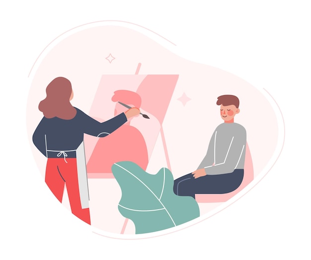 Mujer joven pintando el retrato de un hombre sentado frente al caballete hobby creativo arte de estilo plano vector