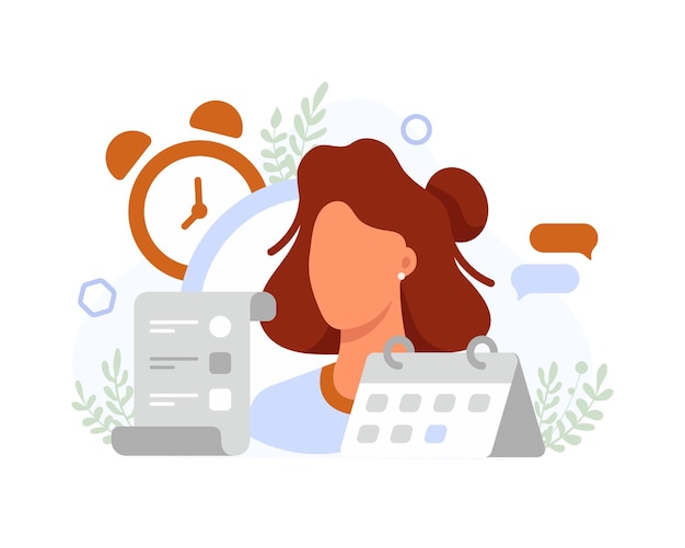 Mujer joven planificando el día de trabajo haciendo el trabajo a tiempo Concepto de eficiencia de gestión del tiempo Dama productiva haciendo diferentes tareas y actividades Ilustración plana vectorial