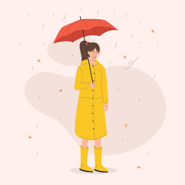 Vector un, mujer joven, posición, debajo, paraguas, llevando, lluvia, entrenador