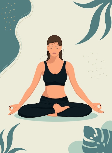 Mujer joven en posición de loto practica yoga.Práctica física y espiritual.Poster centro de yoga