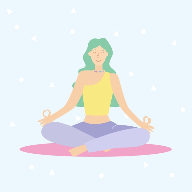 Mujer joven practica yoga. Práctica física y espiritual. Ilustración de vector de estilo de dibujos animados plana. Estilo de vida deportivo saludable para mujeres, entrenamiento de Pilates.