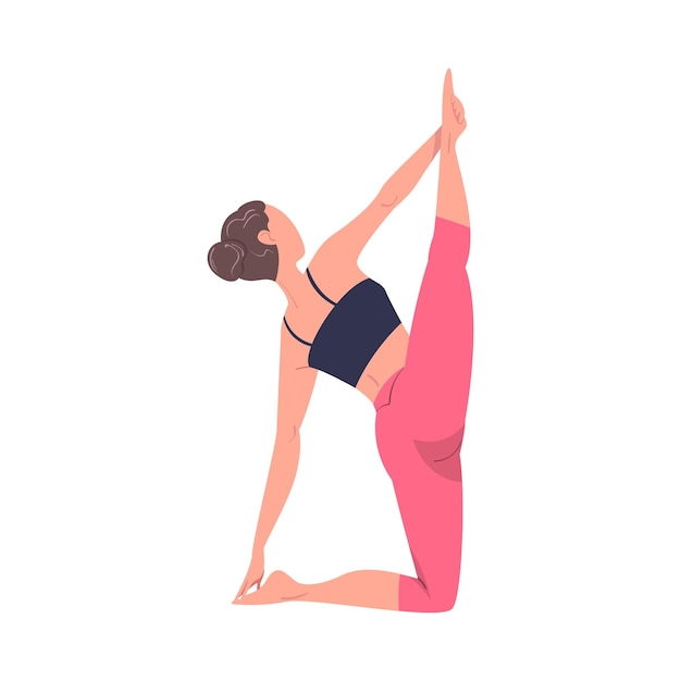 Mujer joven practicando yoga equilibrando asana o postura estirando el cuerpo Ilustración vectorial