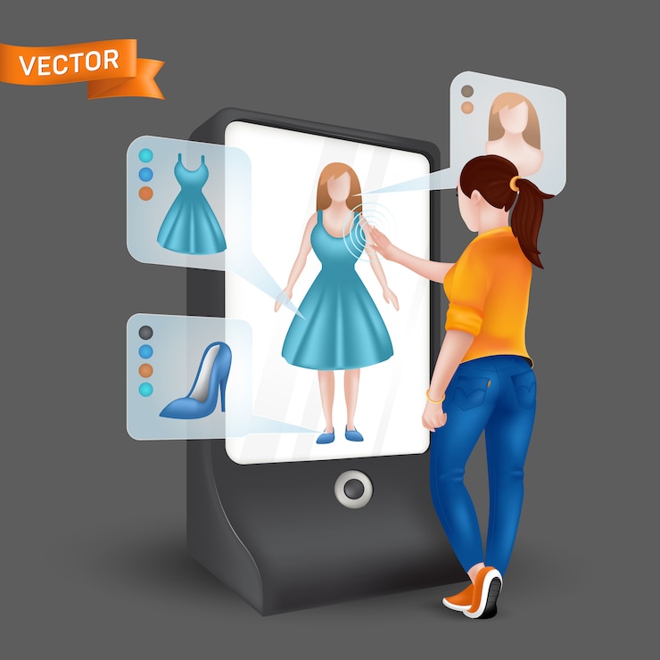Vector mujer joven probándose ropa delante de espejo de pantalla virtual 3d con función de simulación de montaje. ilustración de compras en línea a través de realidad aumentada en tableta