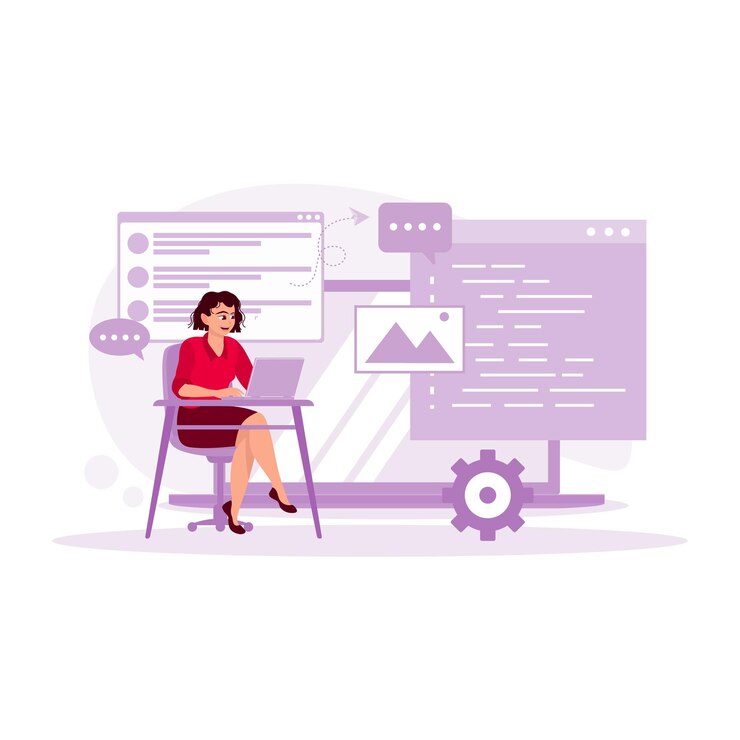 Vector una mujer joven que busca y registra información importante en el concepto de escritor de contenido portátil