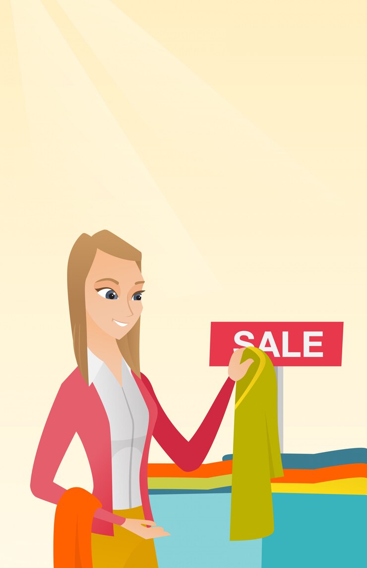 Vector mujer joven que elige la ropa en la tienda en venta.