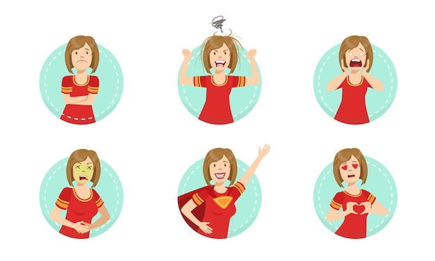 Mujer joven que muestra varias emociones Conjunto de personajes emoji femeninos con diferentes expresiones Ilustración vectorial