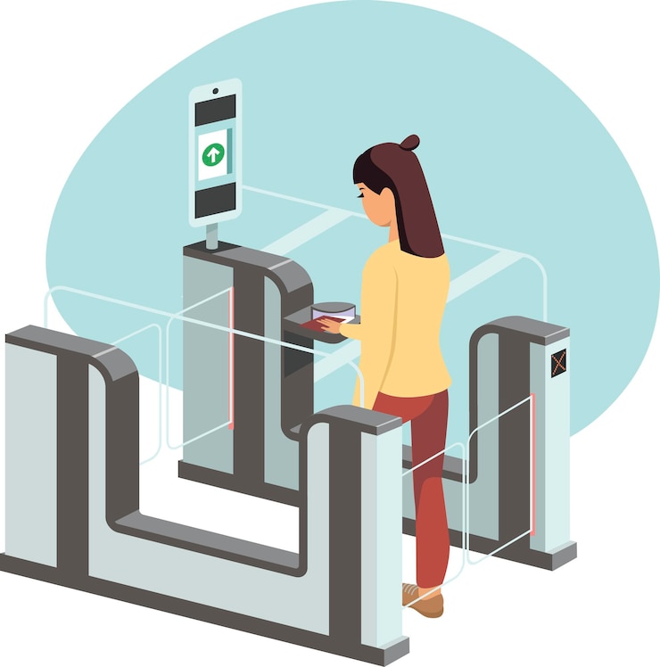 Vector mujer joven que pasa a través de puertas automatizadas de control fronterizo de pasaportes
