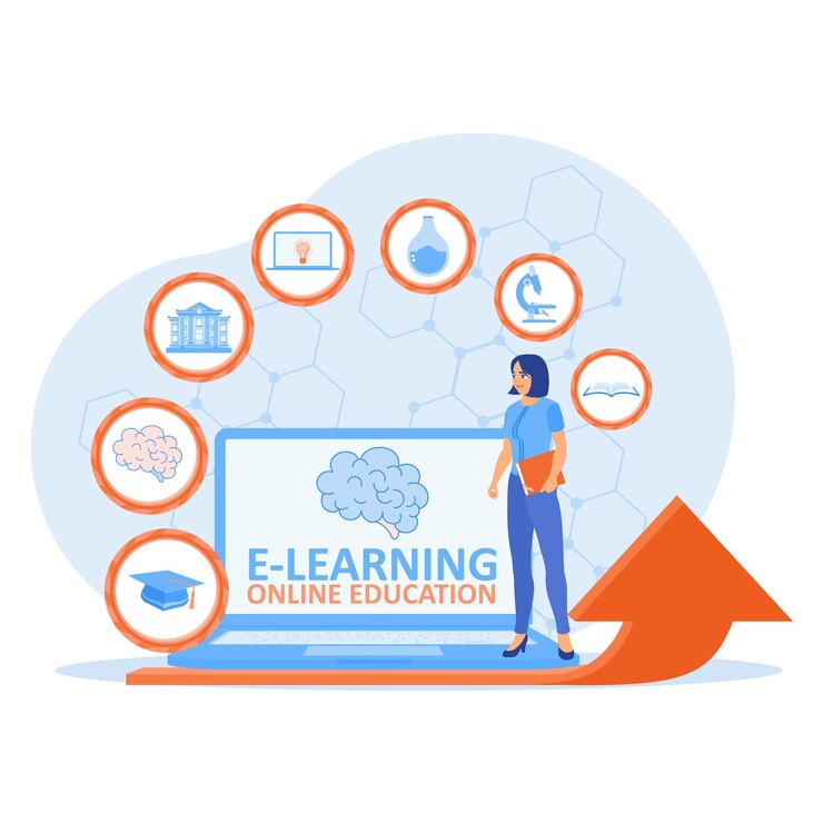 Vector mujer joven que recibe educación en línea recibiendo una educación desde una computadora portátil concepto de aprendizaje electrónico ilustración vectorial plana