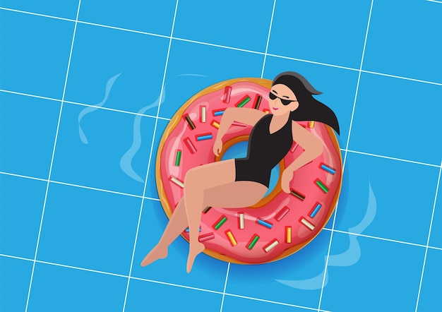 Vector una mujer joven que se relaja en traje de baño se encuentra en un anillo de donut inflable en la piscina.