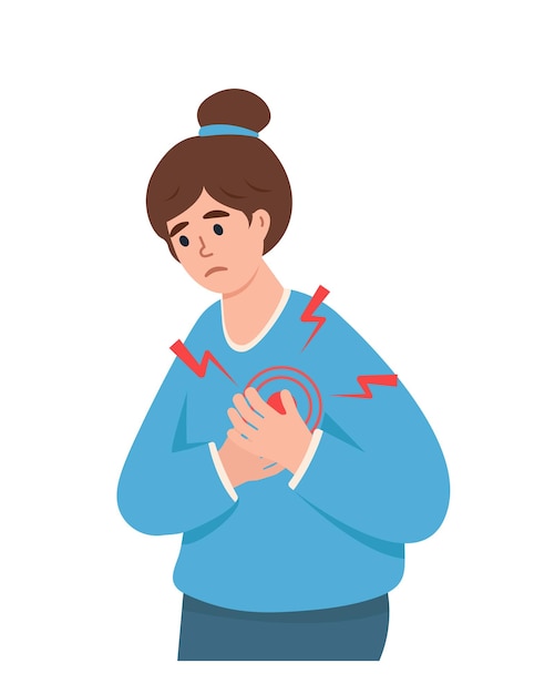Mujer joven que sufre de dolor en el pecho Dolor en el corazón Síntomas de ataque cardíaco Concepto de enfermedad de atención médica