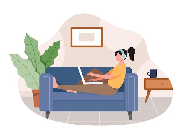 Mujer joven que trabaja desde casa. Concepto de trabajo independiente, la gente trabaja de forma remota desde casa.