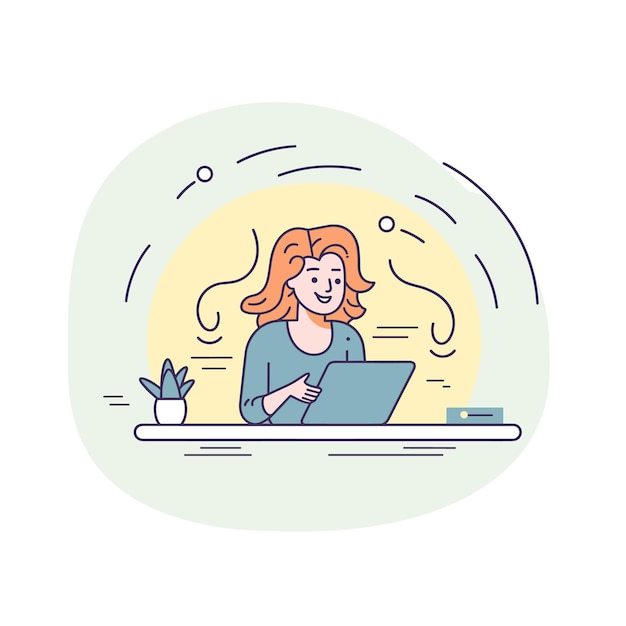 Mujer joven que trabaja con una computadora portátil alegre Profesional femenina comprometida en el proceso creativo Productividad