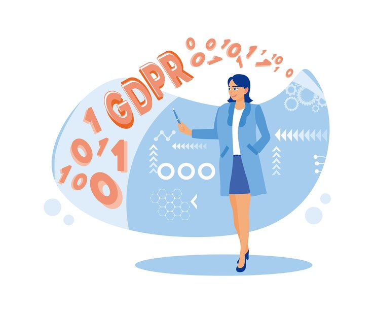 Vector mujer joven que trabaja con la información el reglamento general de protección de datos o concepto de gdpr