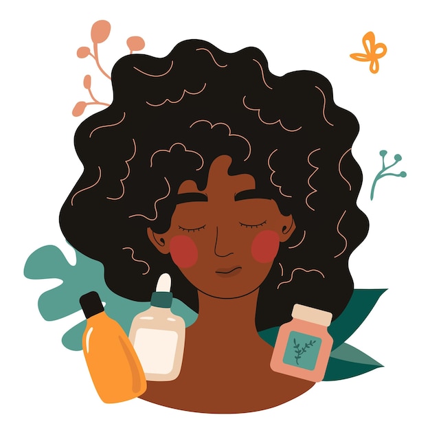 Mujer joven que utiliza productos cosméticos para el cuidado de la piel facial