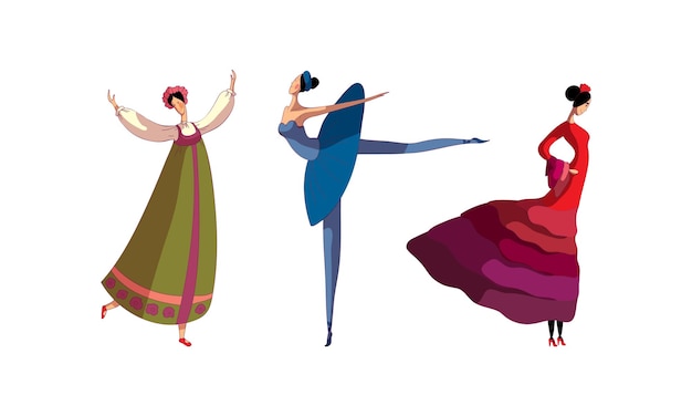 Mujer joven realizando diferentes bailes folclóricos moviéndose con gracia Vector Set