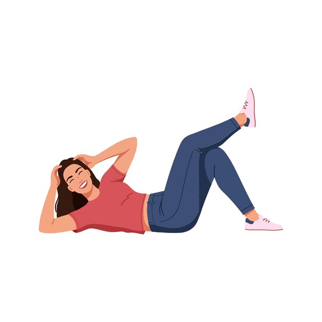 Mujer joven realizando ejercicio de crujido de bicicleta en ropa casual ilustración vectorial de estilo plano