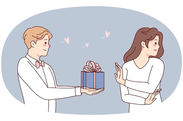 Mujer joven rechaza al hombre amoroso haciendo regalo Mujer dice que no al chico enamorado hacer sorpresa